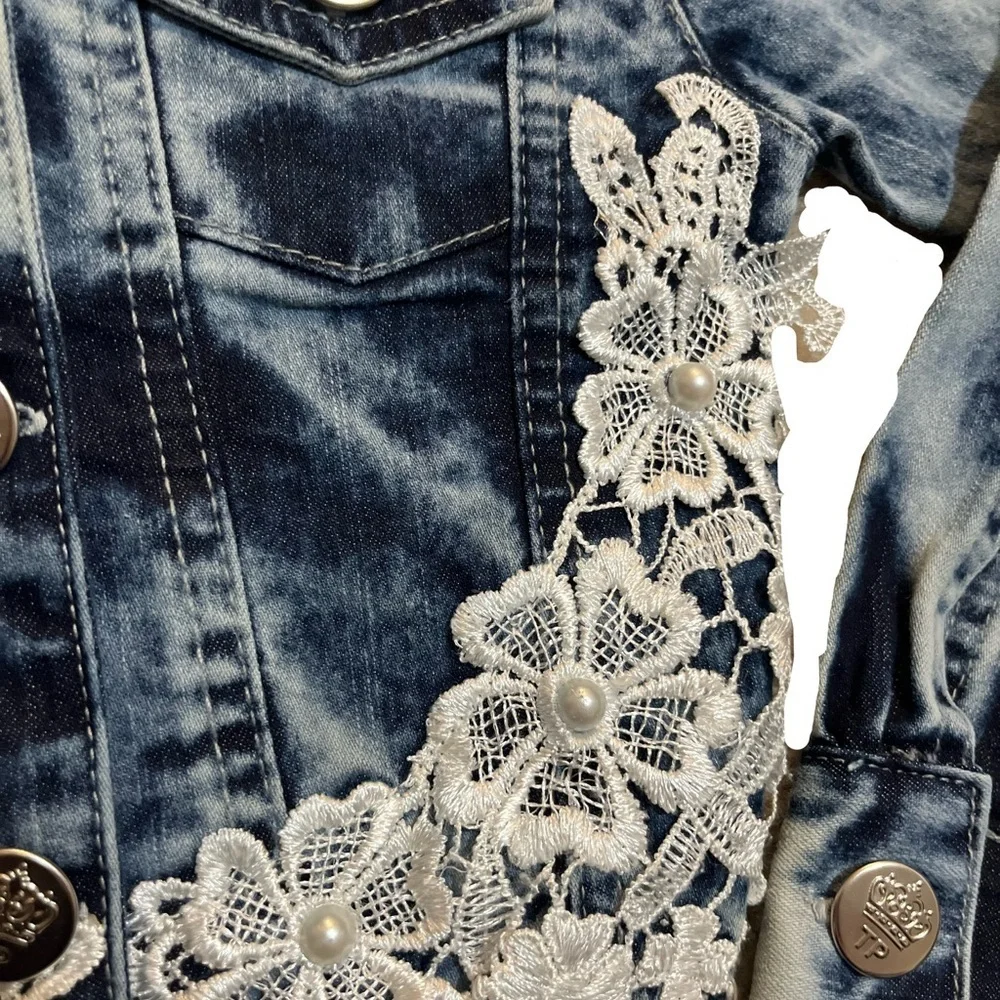 Kids Denim Jacket with Lace and Pearl Accents - Girls 4